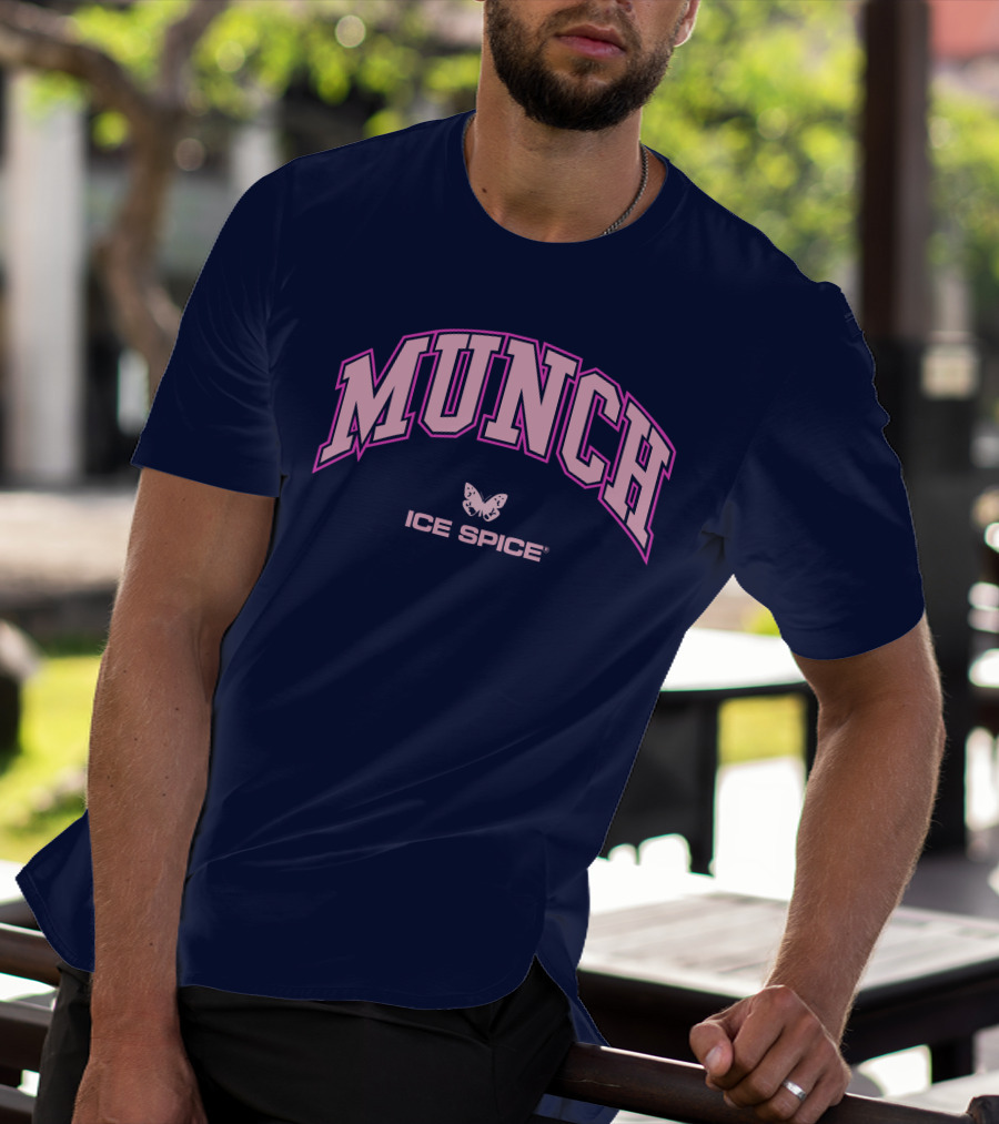 Munch Butterfly Ice Spice Pink Lettering Dark Blue Background T-Shirt