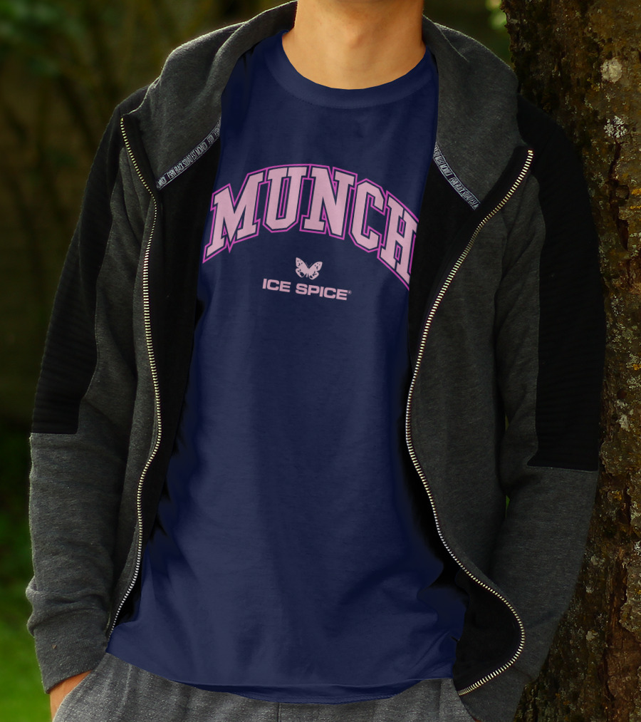 Munch Butterfly Ice Spice Pink Lettering Dark Blue Background T-Shirt