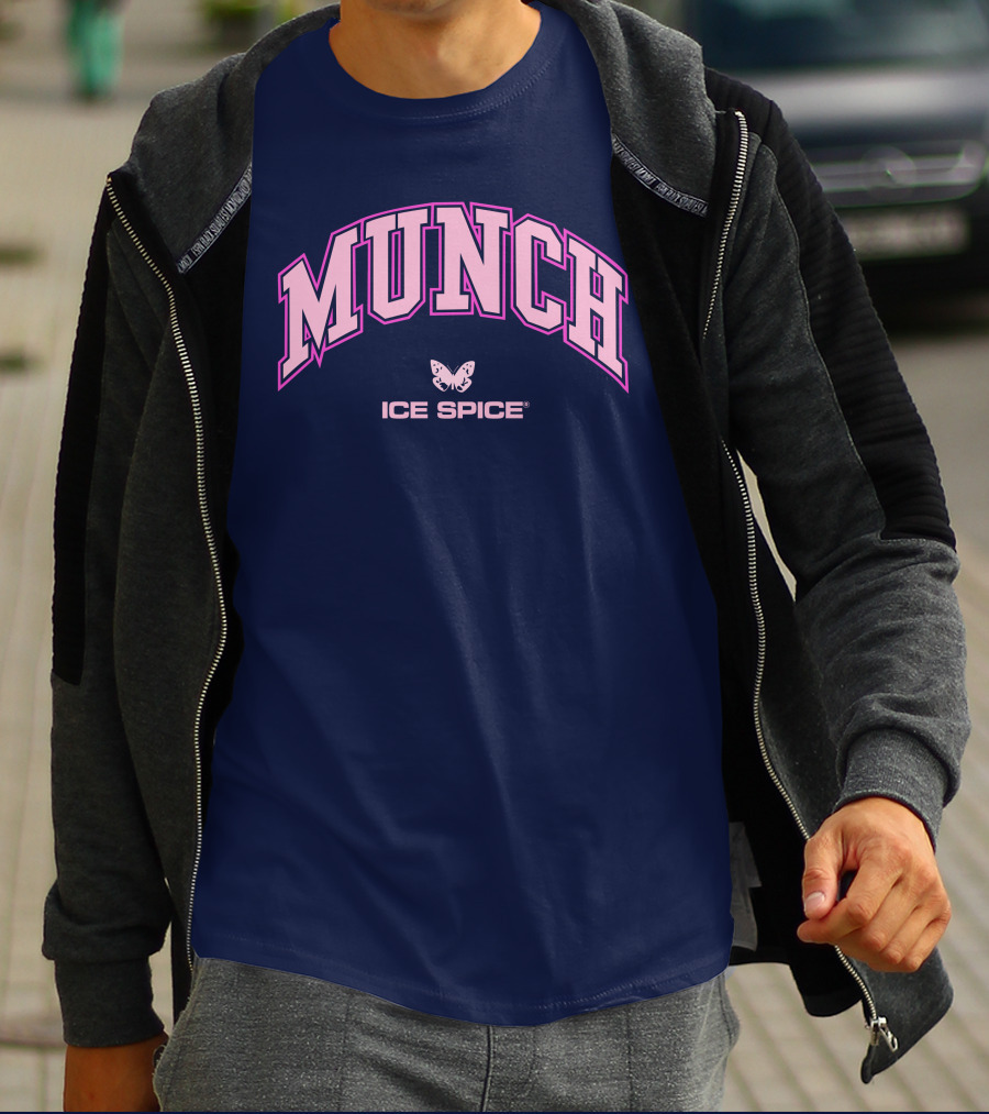 Munch Butterfly Ice Spice Pink Lettering Dark Blue Background T-Shirt