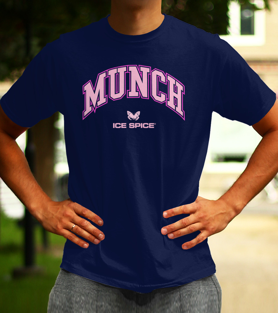 Munch Butterfly Ice Spice Pink Lettering Dark Blue Background T-Shirt