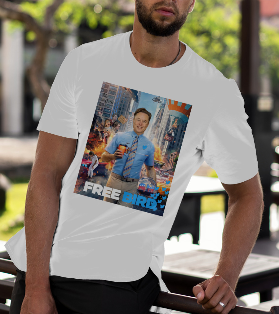 Elon Musk Free Bird I'm Leaving Twitter Chaos Explosion Cityscape Car Plane Twitter T-Shirt