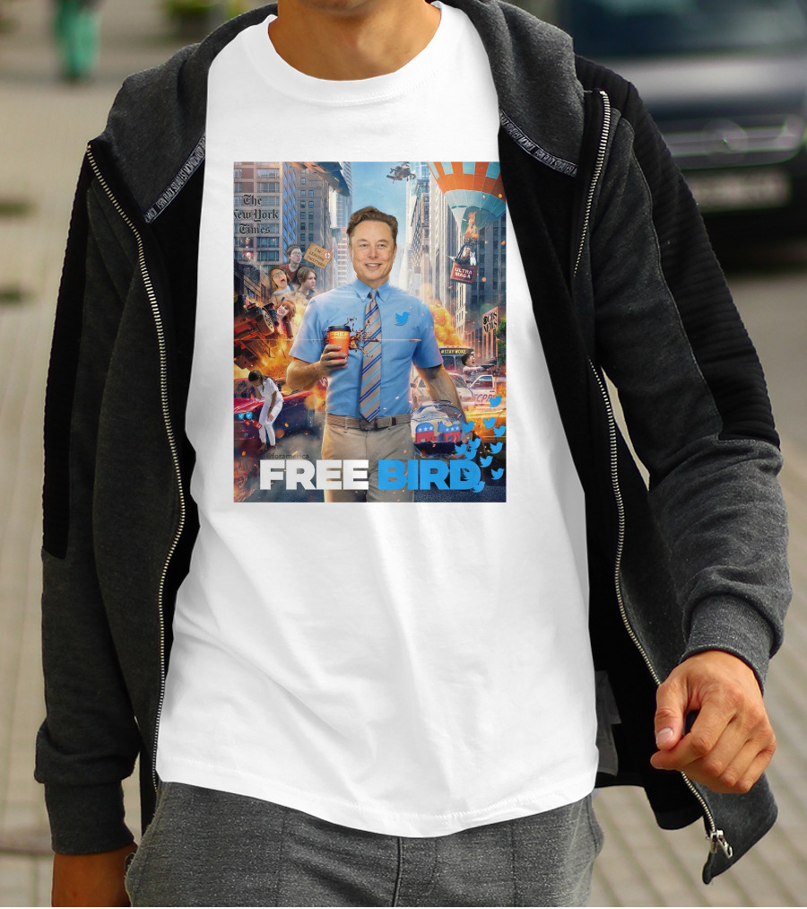 Elon Musk Free Bird I'm Leaving Twitter Chaos Explosion Cityscape Car Plane Twitter T-Shirt