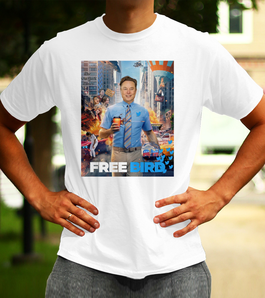 Elon Musk Free Bird I'm Leaving Twitter Chaos Explosion Cityscape Car Plane Twitter T-Shirt