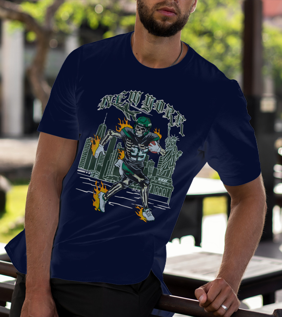New York Ty Johnson Football Skyline Skeleton Art Flames Statue Of Liberty T-Shirt