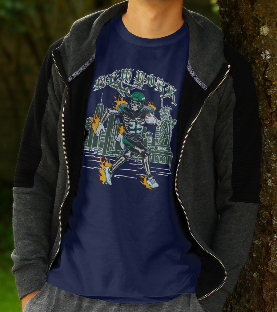 New York Ty Johnson Football Skyline Skeleton Art Flames Statue Of Liberty T-Shirt