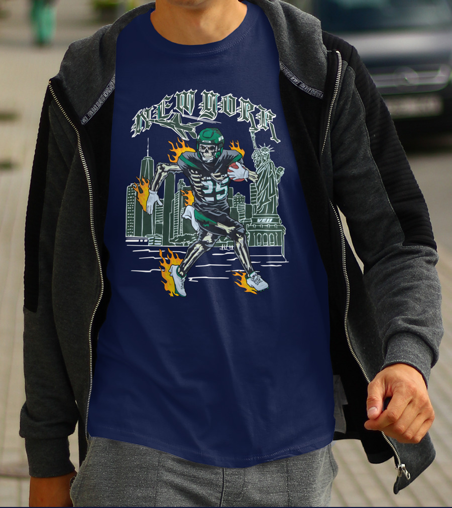 New York Ty Johnson Football Skyline Skeleton Art Flames Statue Of Liberty T-Shirt