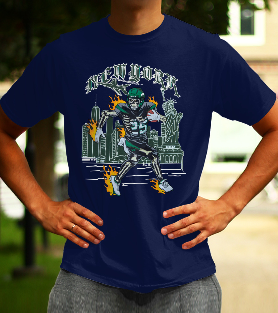 New York Ty Johnson Football Skyline Skeleton Art Flames Statue Of Liberty T-Shirt