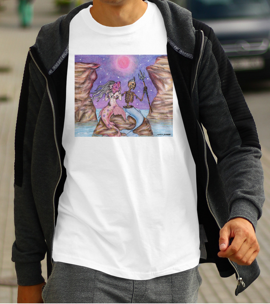 Marcos Alvarado Sea Of Love Mermaid And Skeleton Under Pink Moon T-Shirt