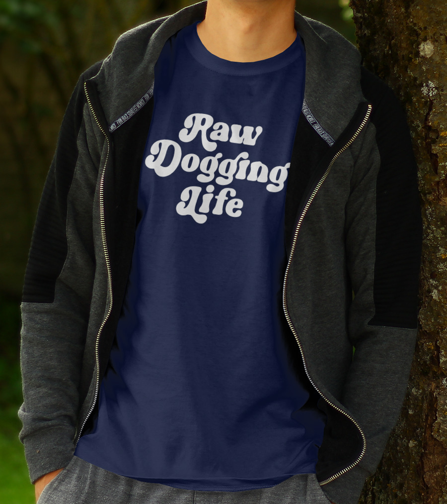 Raw Dogging Life White Retro Font Navy T-Shirt
