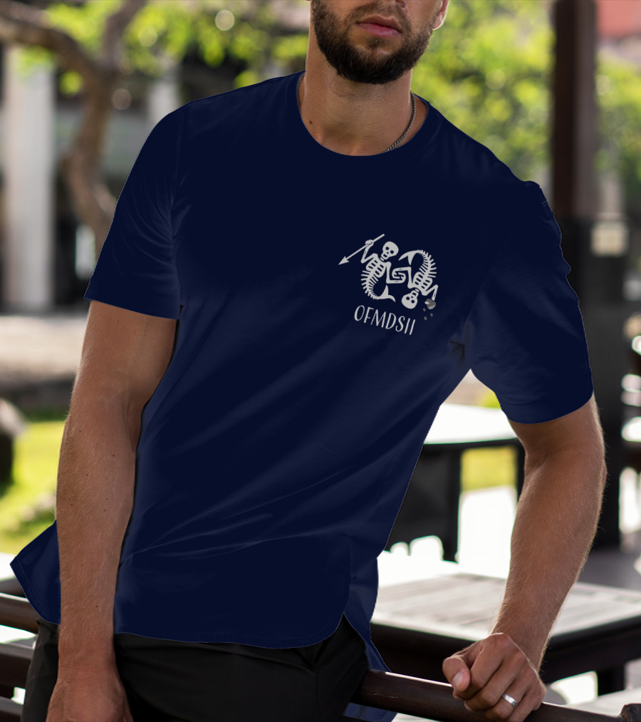 Samba Schutte Wearing OFMDSII Skeleton Arrow Design Navy T-Shirt