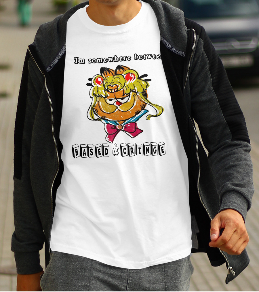 I'm Somewhere Between Based And Cringe With Cartoon Cat Mashup T-Shirt