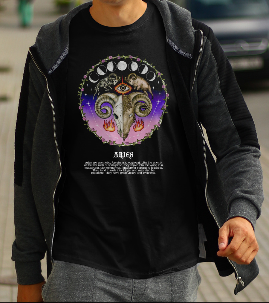 Aries Energetic Forceful Outgoing Headstrong Powerful Vitality Roses Moon Phases Ram Flame Eye T-Shirt