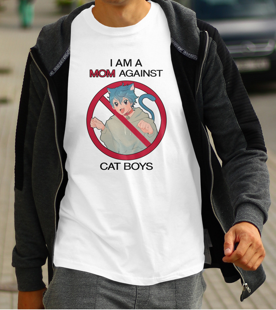 I Am A Mom Against Cat Boys Prohibition Symbol Cartoon Character With Blue Hair And Cat Ears T-Shirt