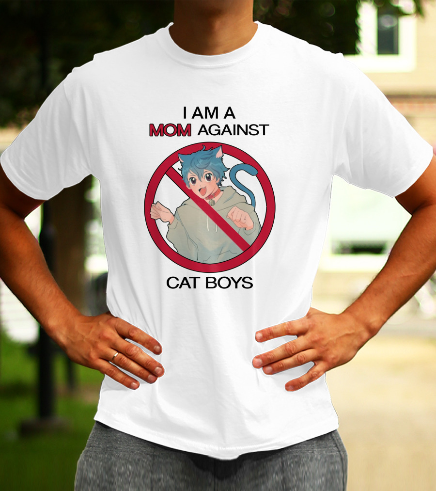 I Am A Mom Against Cat Boys Prohibition Symbol Cartoon Character With Blue Hair And Cat Ears T-Shirt