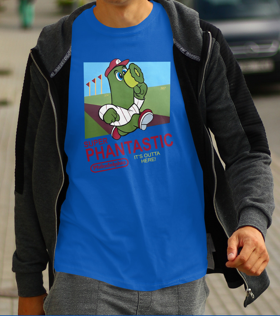 Southfellini Merch Super Phantastic Philadelphia It's Outta Here Baseball Character T-Shirt