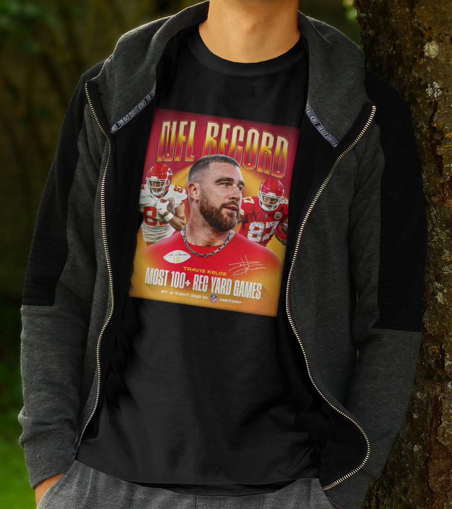 NFL Record Travis Kelce Most 100+ Rec Yard Games Chiefs 87 16 History T-Shirt