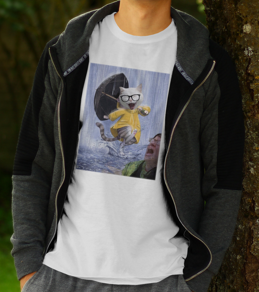 Catturd In Yellow Raincoat With Glasses Holding Umbrella In The Rain T-Shirt