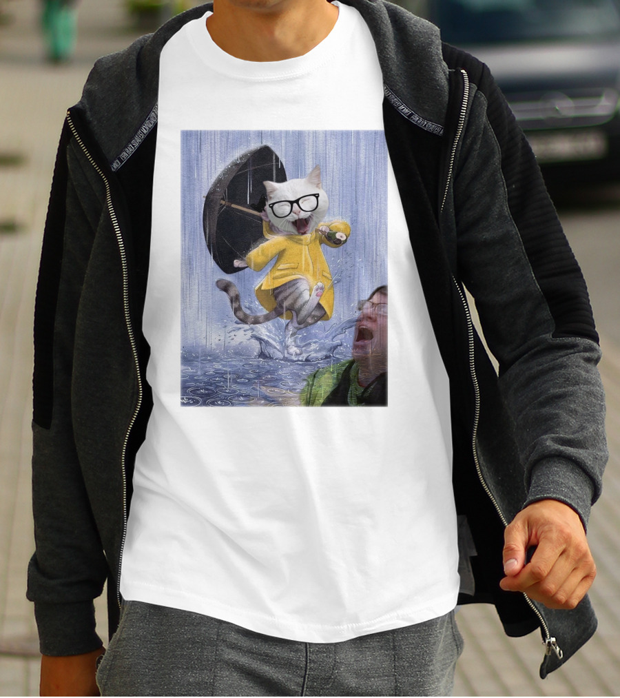 Catturd In Yellow Raincoat With Glasses Holding Umbrella In The Rain T-Shirt