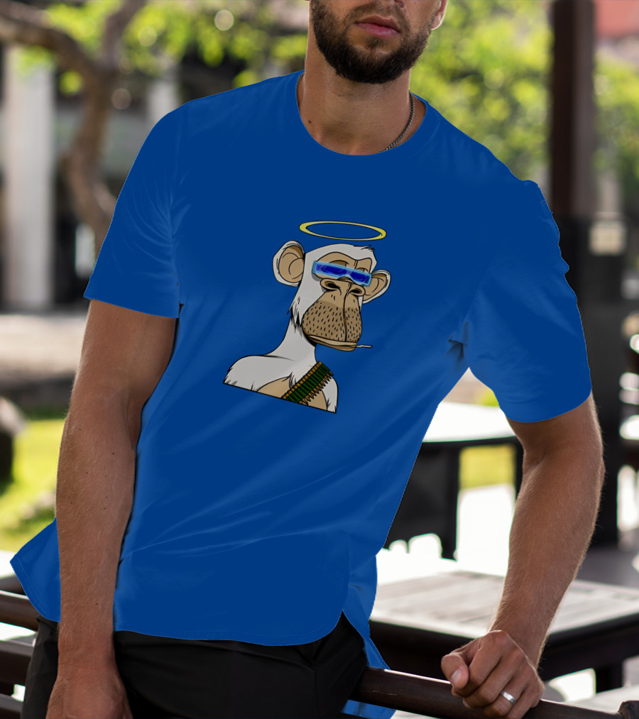 Ginotheghost Bored Ape Yacht Club Angel Halo NFT Ape Blue Background T-Shirt
