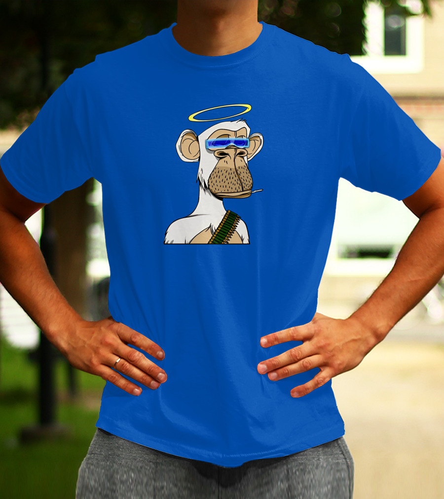 Ginotheghost Bored Ape Yacht Club Angel Halo NFT Ape Blue Background T-Shirt
