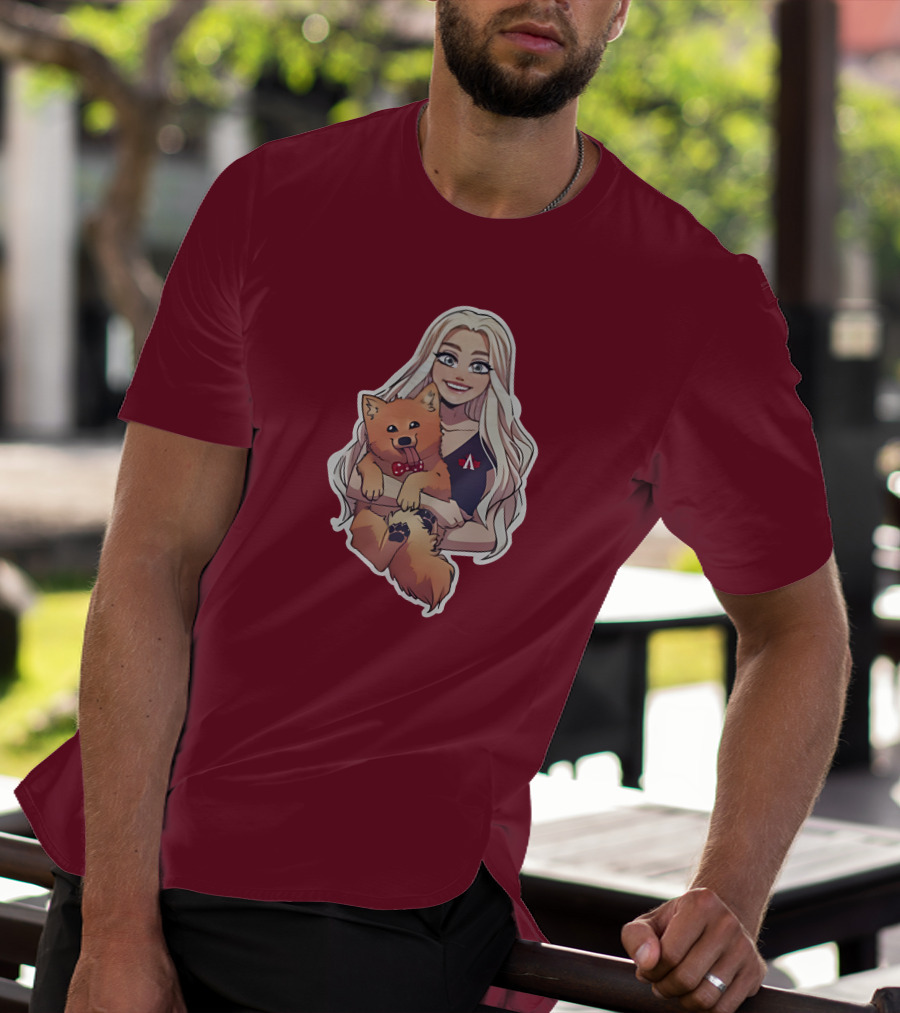 Autumnrhodess Cartoon Character Holding Dog With Red Bowtie On Burgundy Background T-Shirt