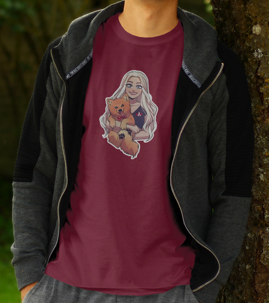 Autumnrhodess Cartoon Character Holding Dog With Red Bowtie On Burgundy Background T-Shirt