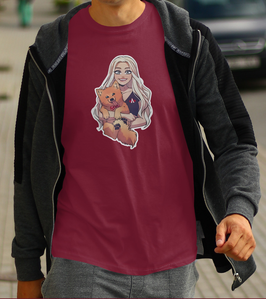 Autumnrhodess Cartoon Character Holding Dog With Red Bowtie On Burgundy Background T-Shirt