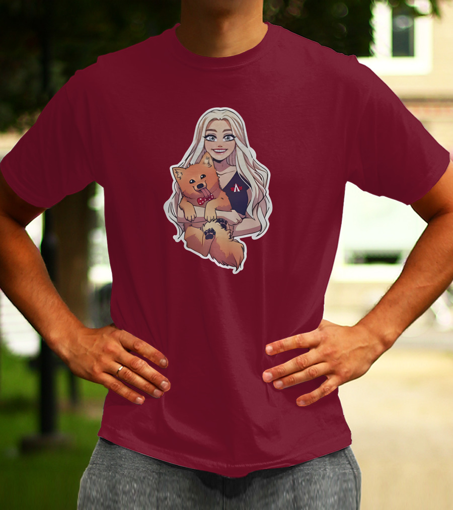 Autumnrhodess Cartoon Character Holding Dog With Red Bowtie On Burgundy Background T-Shirt