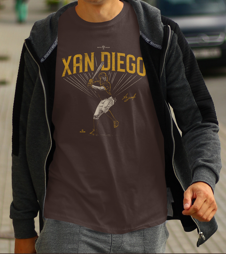 Roto Wear Xan Diego Baseball Player Swinging With Signature T-Shirt