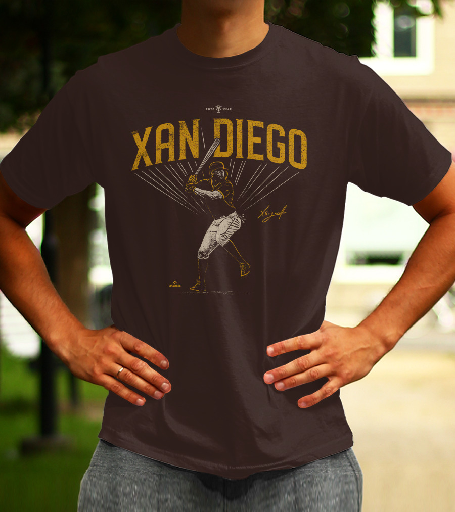 Roto Wear Xan Diego Baseball Player Swinging With Signature T-Shirt