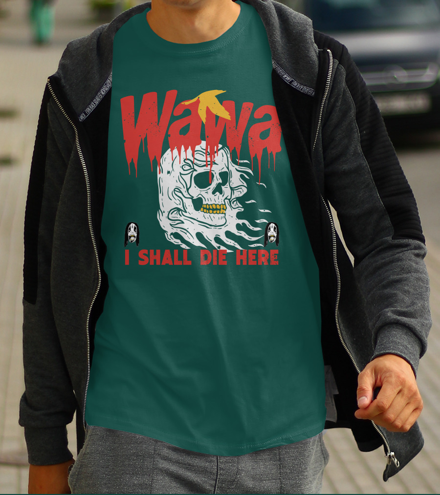 Grimgrimgrim Store Wawa I Shall Die Here Skull Motif T-Shirt