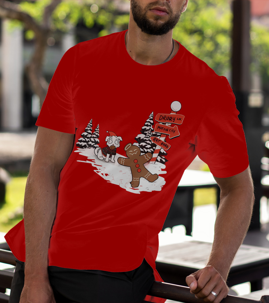 Badboyhalo Holiday Drury Lane Muffin City Rat Road Christmas Dog And Gingerbread Scene T-Shirt