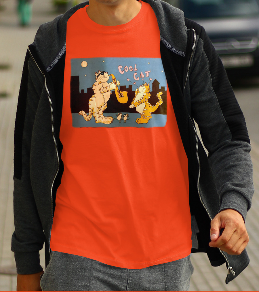 Harry Wearing Cool Cat Playing Saxophone In City Night Sky T-Shirt
