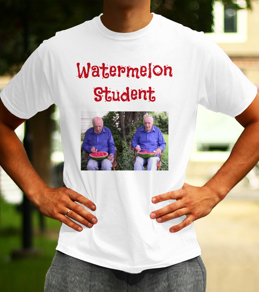 Watermelon Student Eating In Garden With Blue T-Shirt