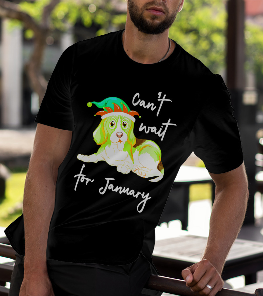 Can't Wait For January Festive Dog With Green And Red Hat T-Shirt