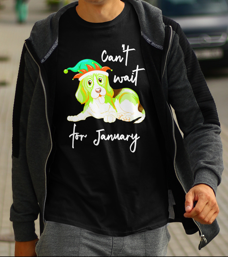 Can't Wait For January Festive Dog With Green And Red Hat T-Shirt