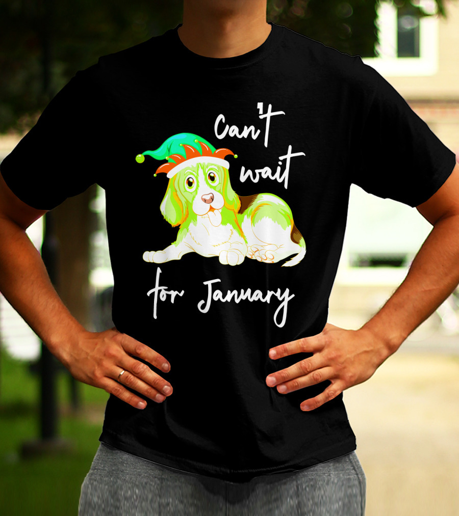 Can't Wait For January Festive Dog With Green And Red Hat T-Shirt