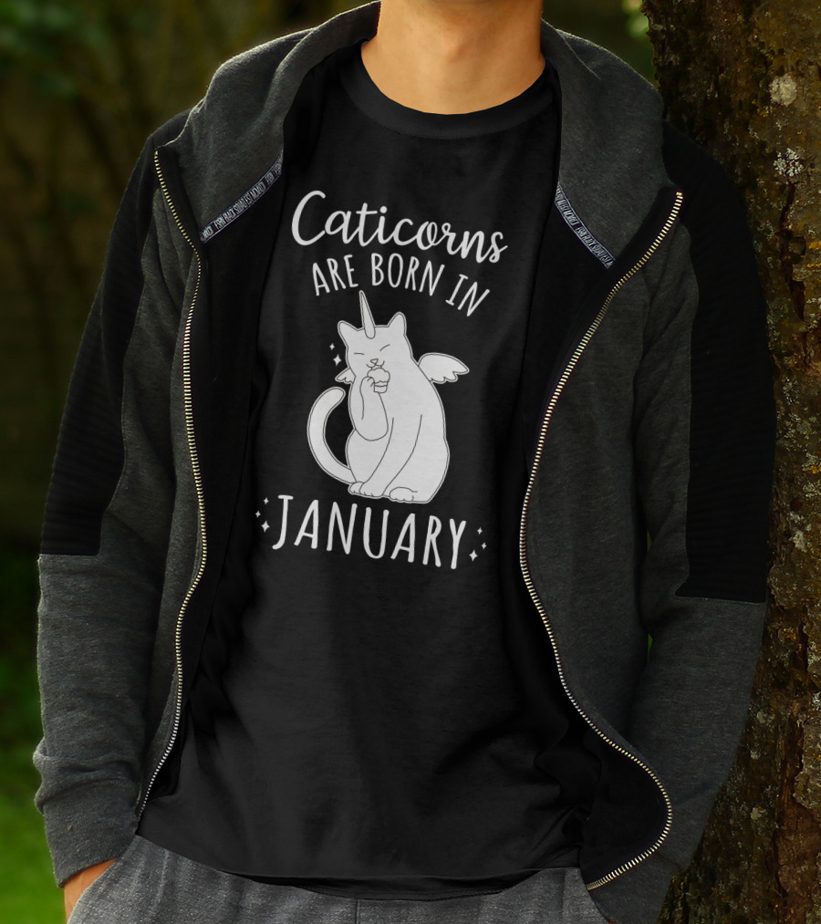 Caticorns Are Born In January Cat Unicorn Birthday January T-Shirt