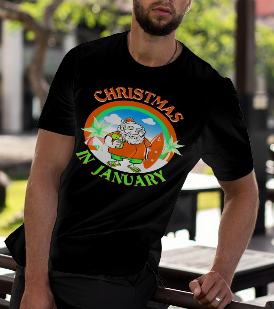 Christmas In January Santa With Surfboard And Drink T-Shirt