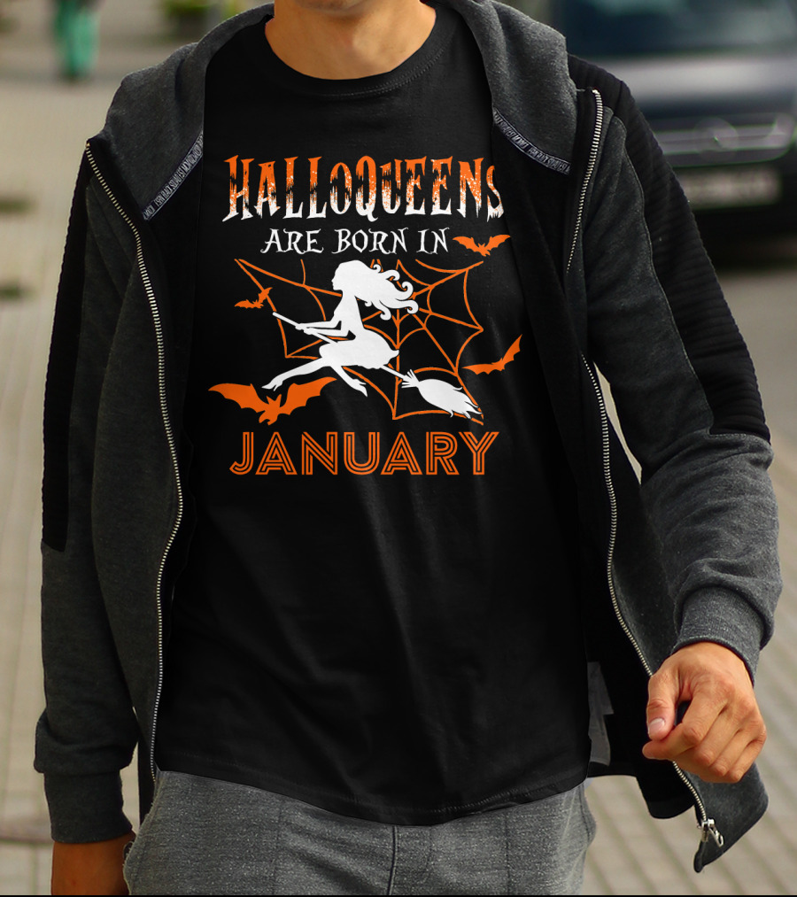 Halloqueens Are Born In January Witch And Bats Halloween Birthday T-Shirt
