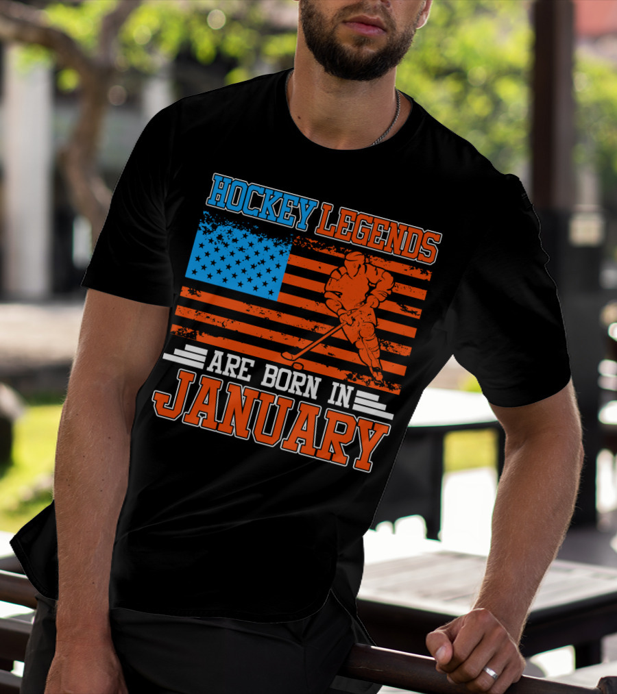 Hockey Legends Are Born In January With American Flag And Skater T-Shirt