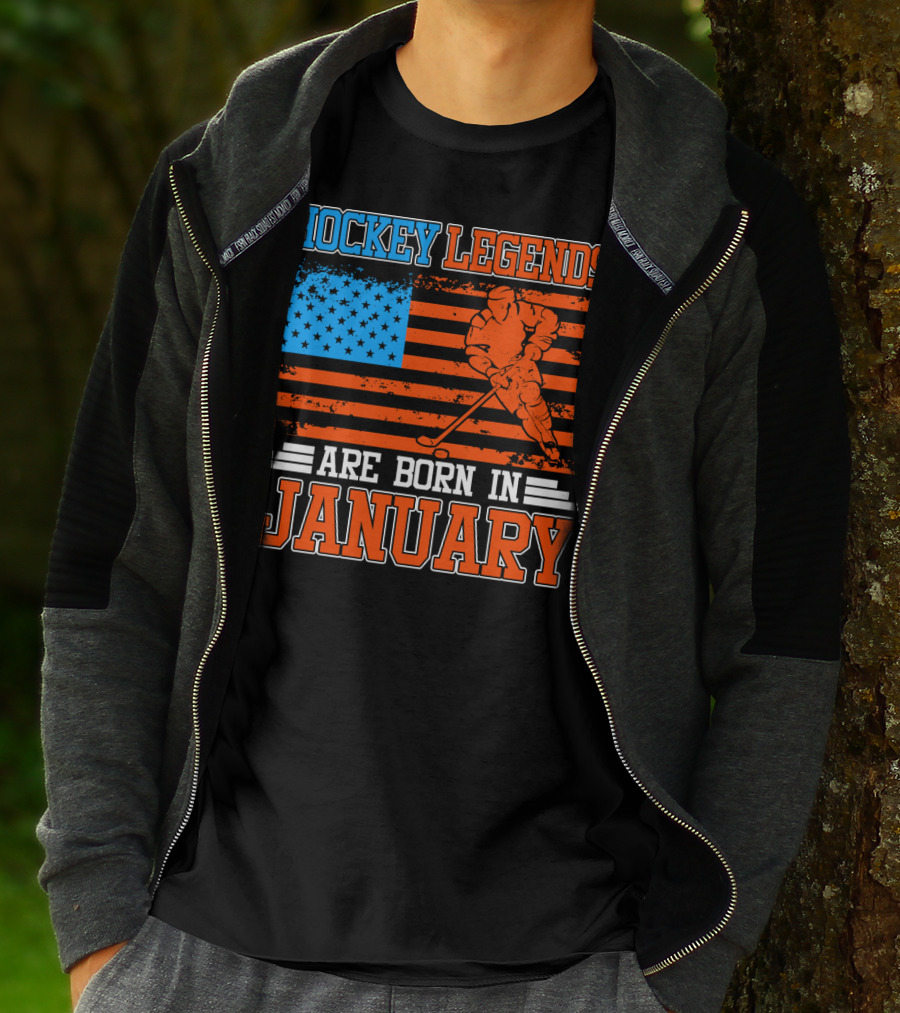 Hockey Legends Are Born In January With American Flag And Skater T-Shirt