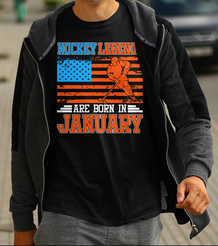 Hockey Legends Are Born In January With American Flag And Skater T-Shirt