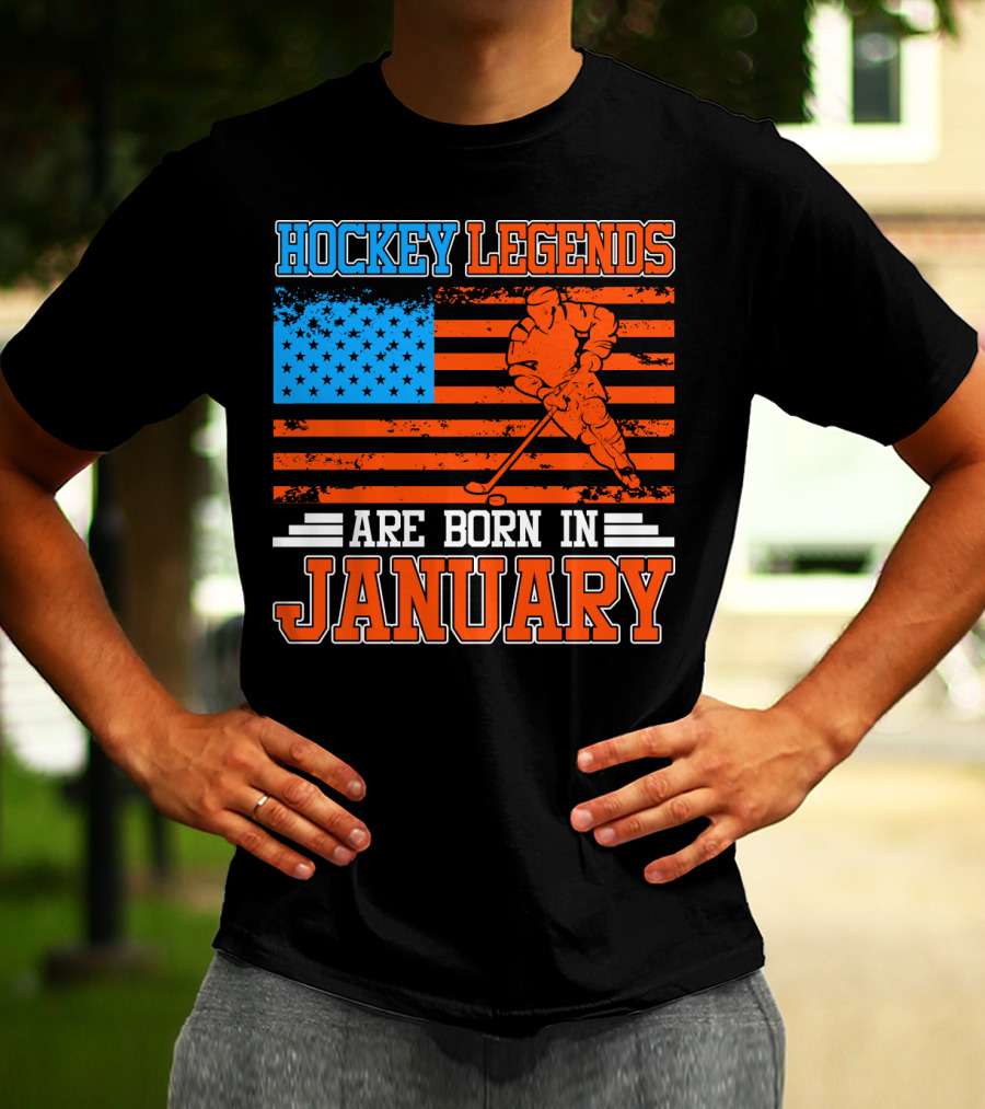 Hockey Legends Are Born In January With American Flag And Skater T-Shirt