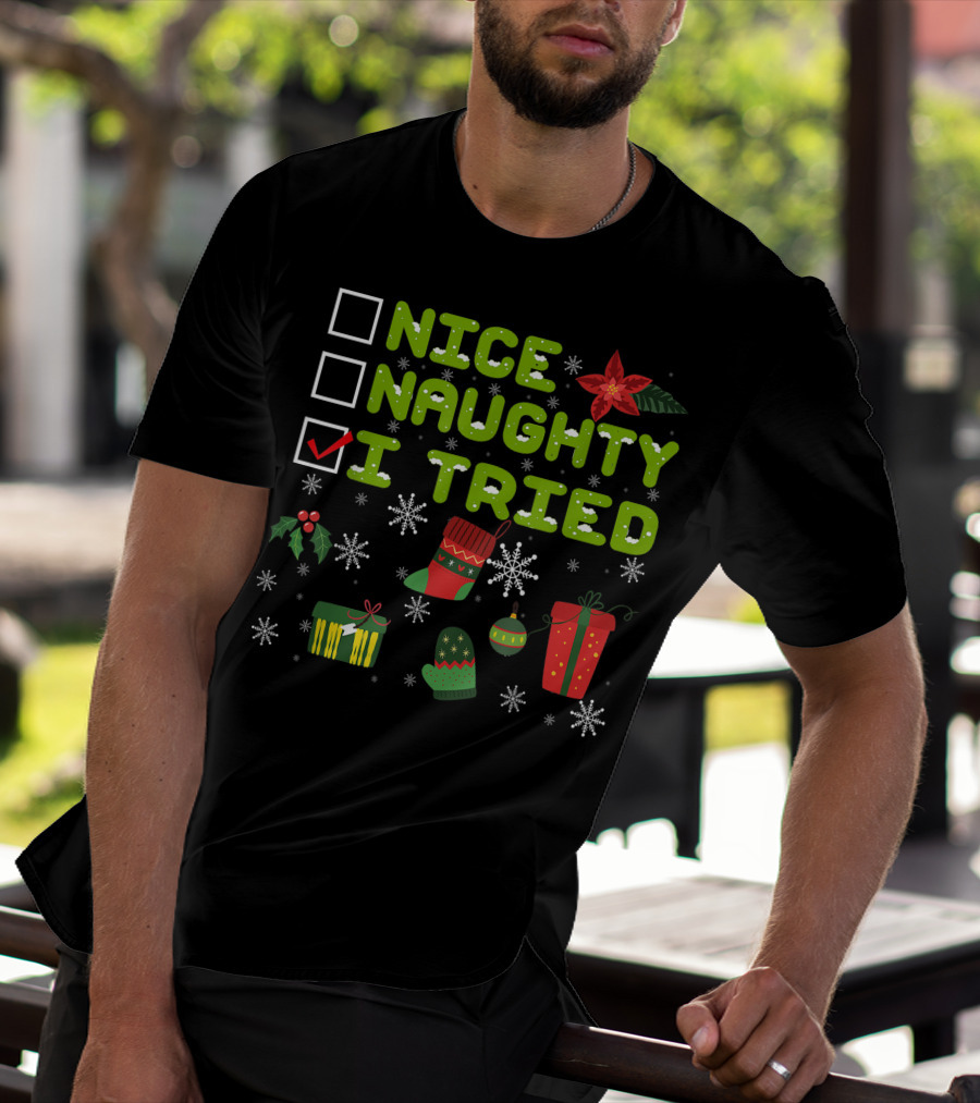 Nice Naughty I Tried Checklist Christmas Pajama With Holiday Icons T-Shirt