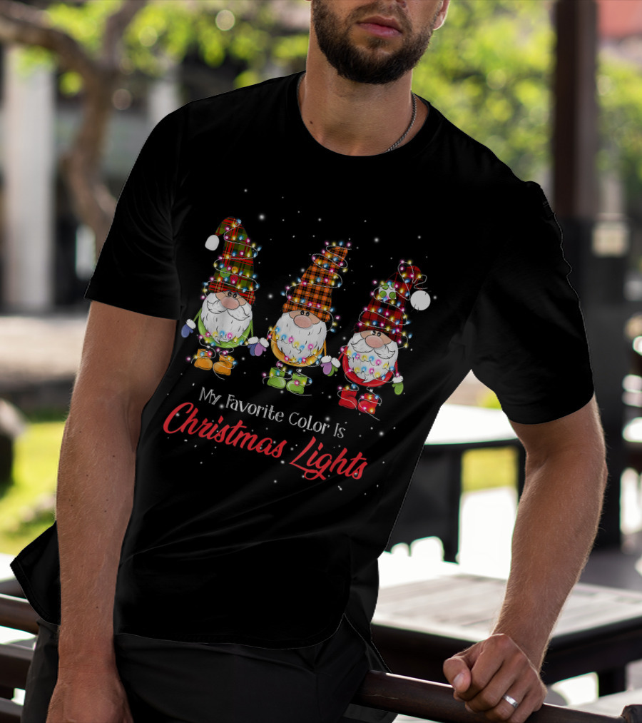 My Favorite Color Is Christmas Lights Gnomies Gnome Buffalo Plaid Trio T-Shirt