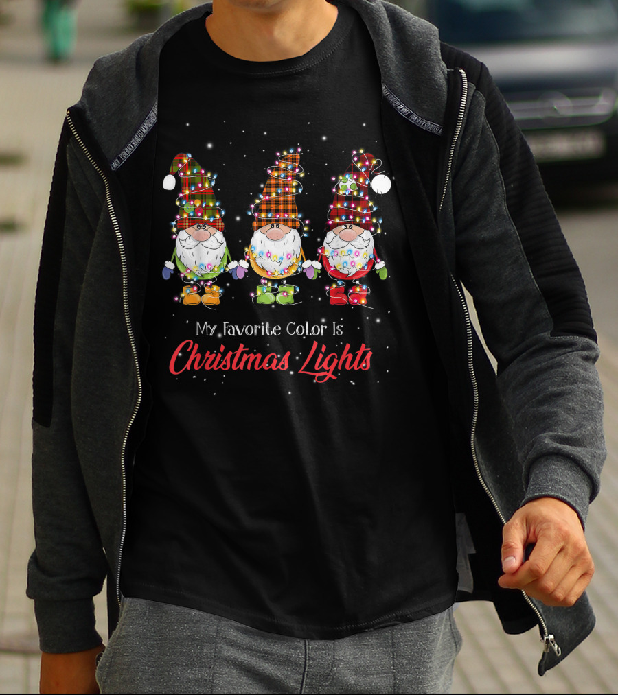 My Favorite Color Is Christmas Lights Gnomies Gnome Buffalo Plaid Trio T-Shirt