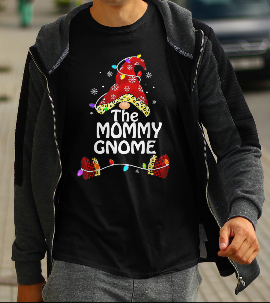 The Mommy Gnome Buffalo Plaid Leopard Print Christmas Lights T-Shirt