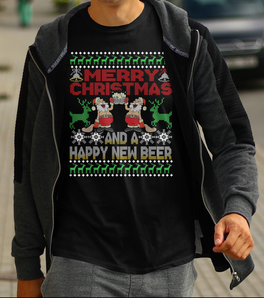 Merry Christmas Happy New Beer Ugly Sweater For Beer Lover With Santa Reindeer T-Shirt