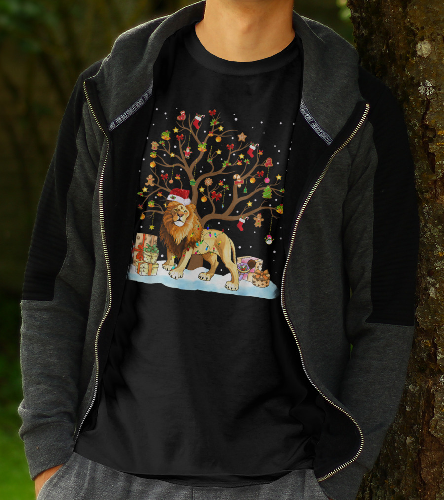 Lion With Christmas Tree Ornaments And Gifts T-Shirt